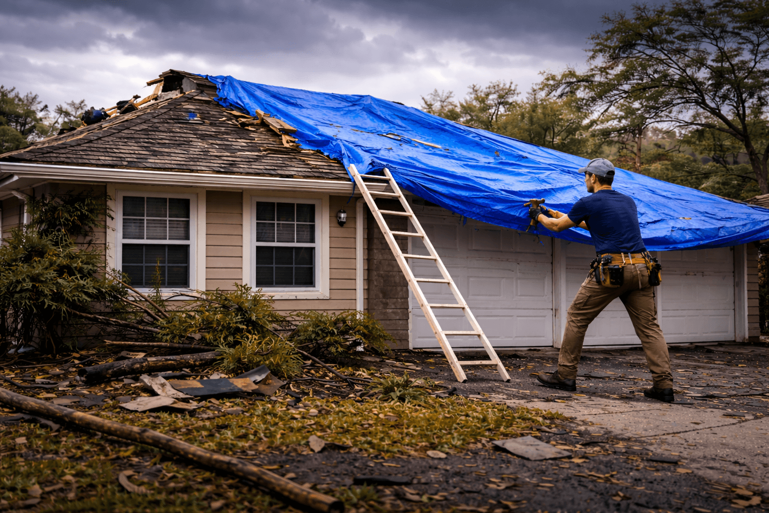 Storm-damaged Tampa roof with missing shingles and repair markings